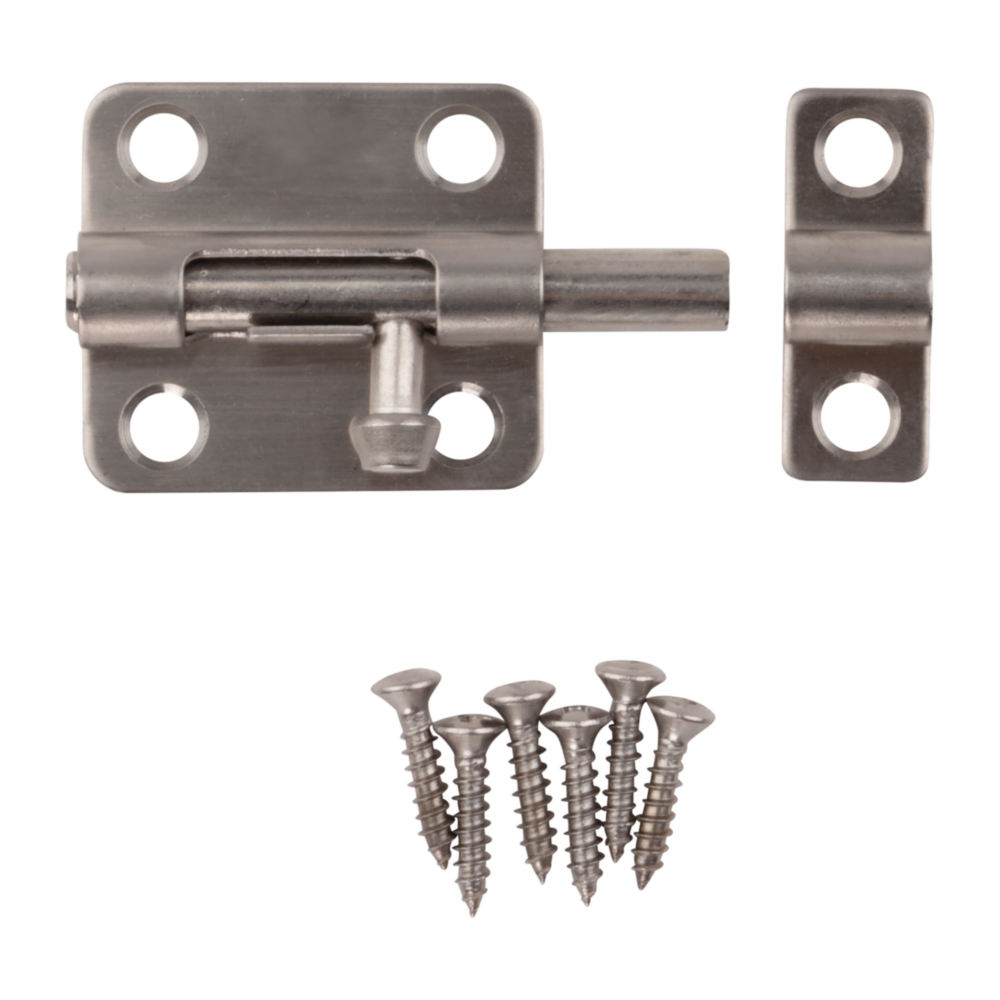 2-1/2 inch stainless steel barrel bolt with mounting screws for secure door and gate hardware in home improvement collections