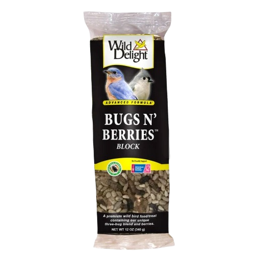 Wild Delight bird food block with natural blend of bugs and berries for attracting wild birds outdoors
