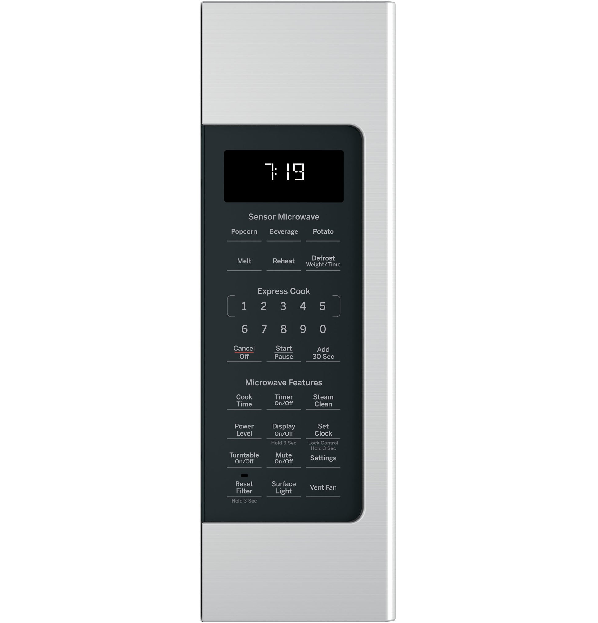 Digital control panel of stainless steel over-the-range sensor microwave with multiple preset cooking options from Microwaves collection