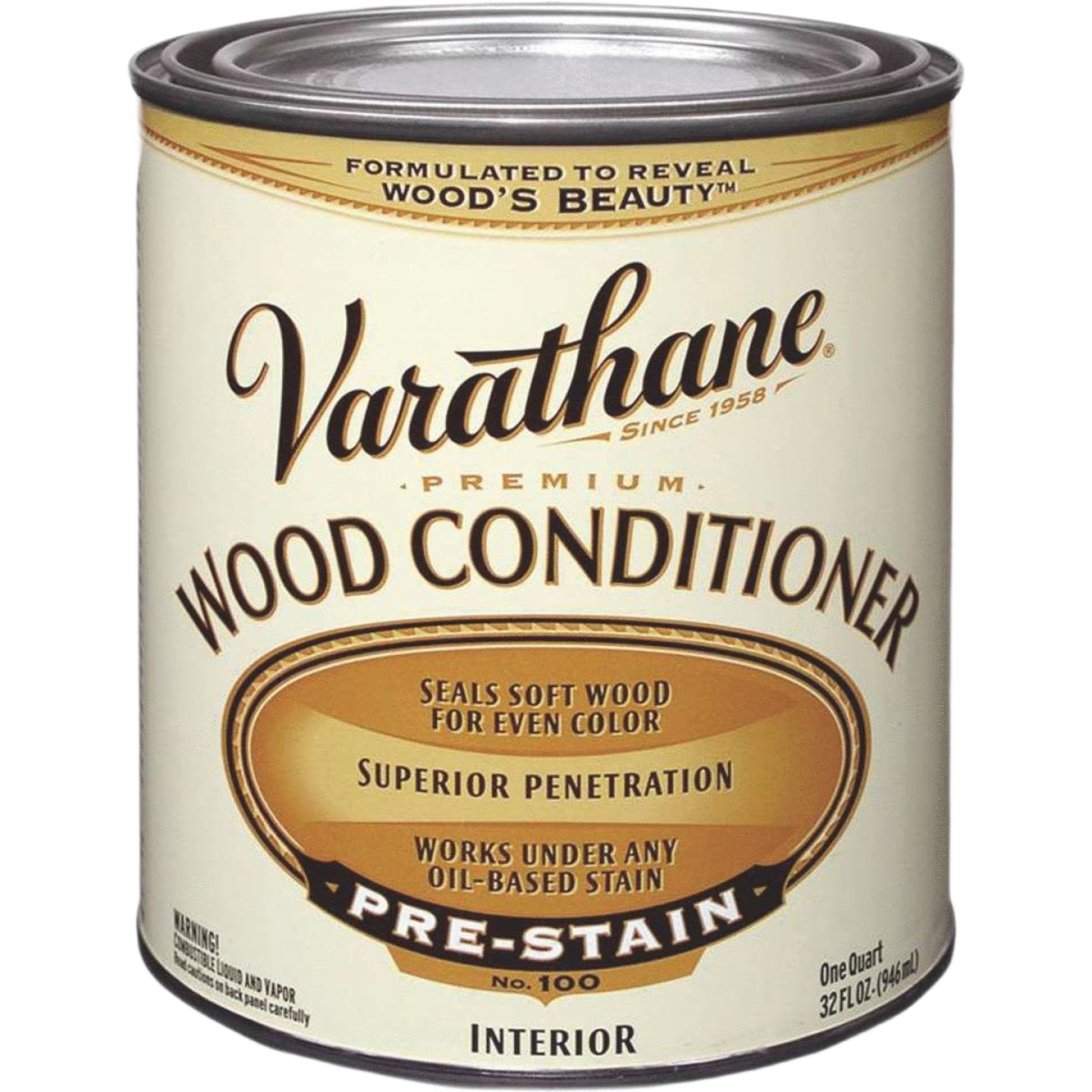 One quart can of Varathane premium wood conditioner for interior use in stains, sealers, and home improvement tools