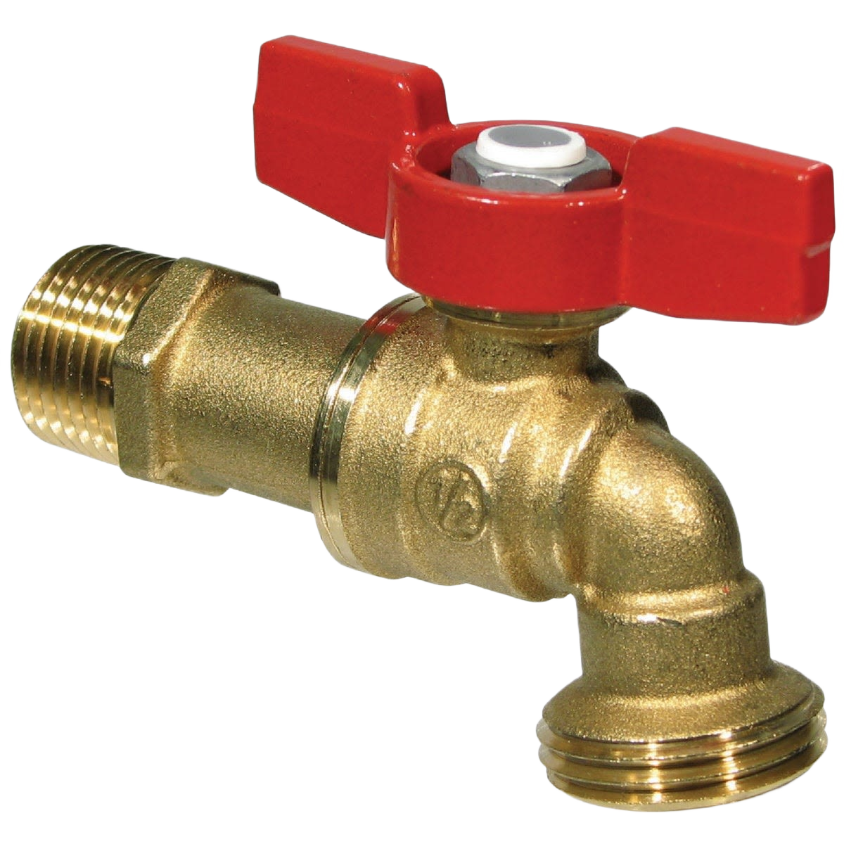 Forged brass ball valve with red wing handle for hose connection, ideal for tools and home improvement use