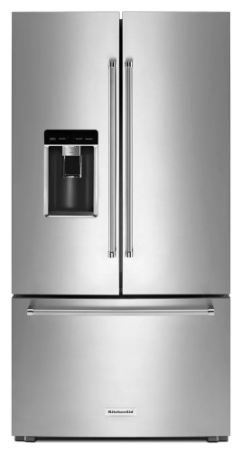 French door stainless steel refrigerator with water dispenser and lower freezer drawer for modern kitchen appliances