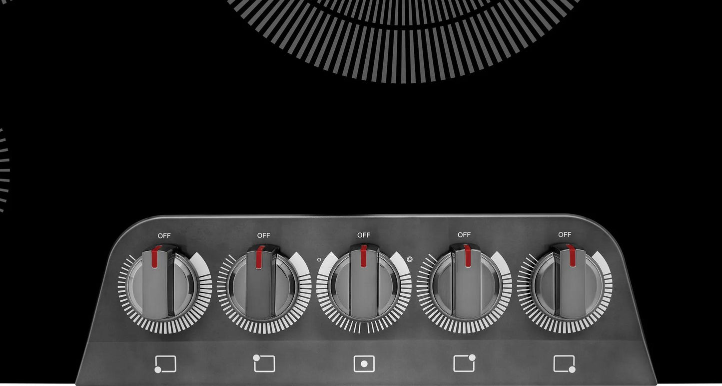 36-inch black electric cooktop control panel with five stainless steel knobs in kitchen appliances collection