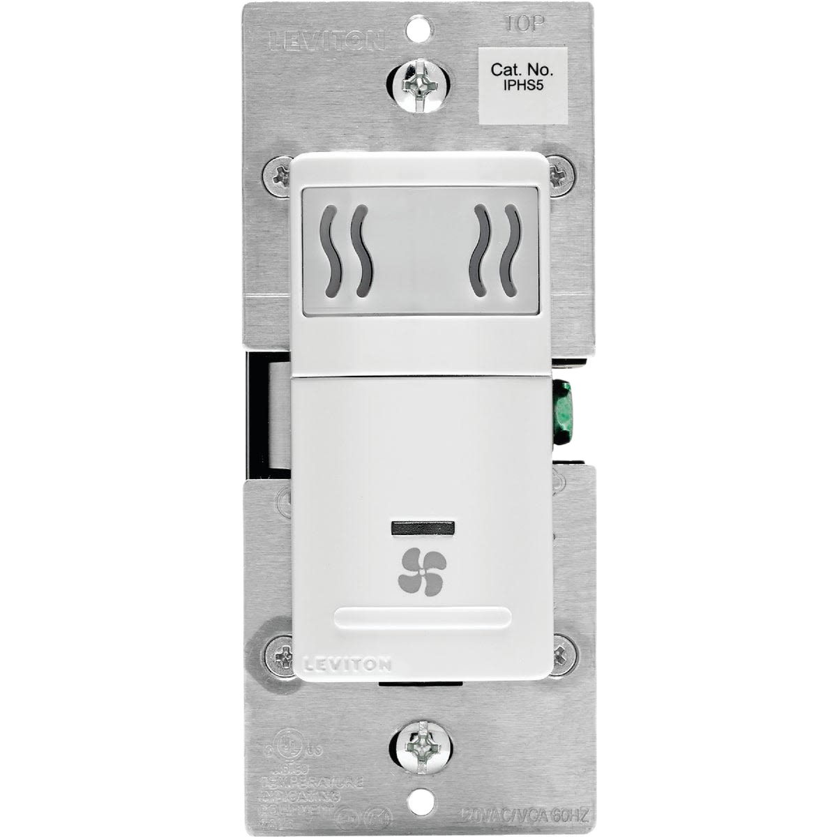 Wall-mounted humidity sensor with white plastic casing and metal mounting plate for home improvement use