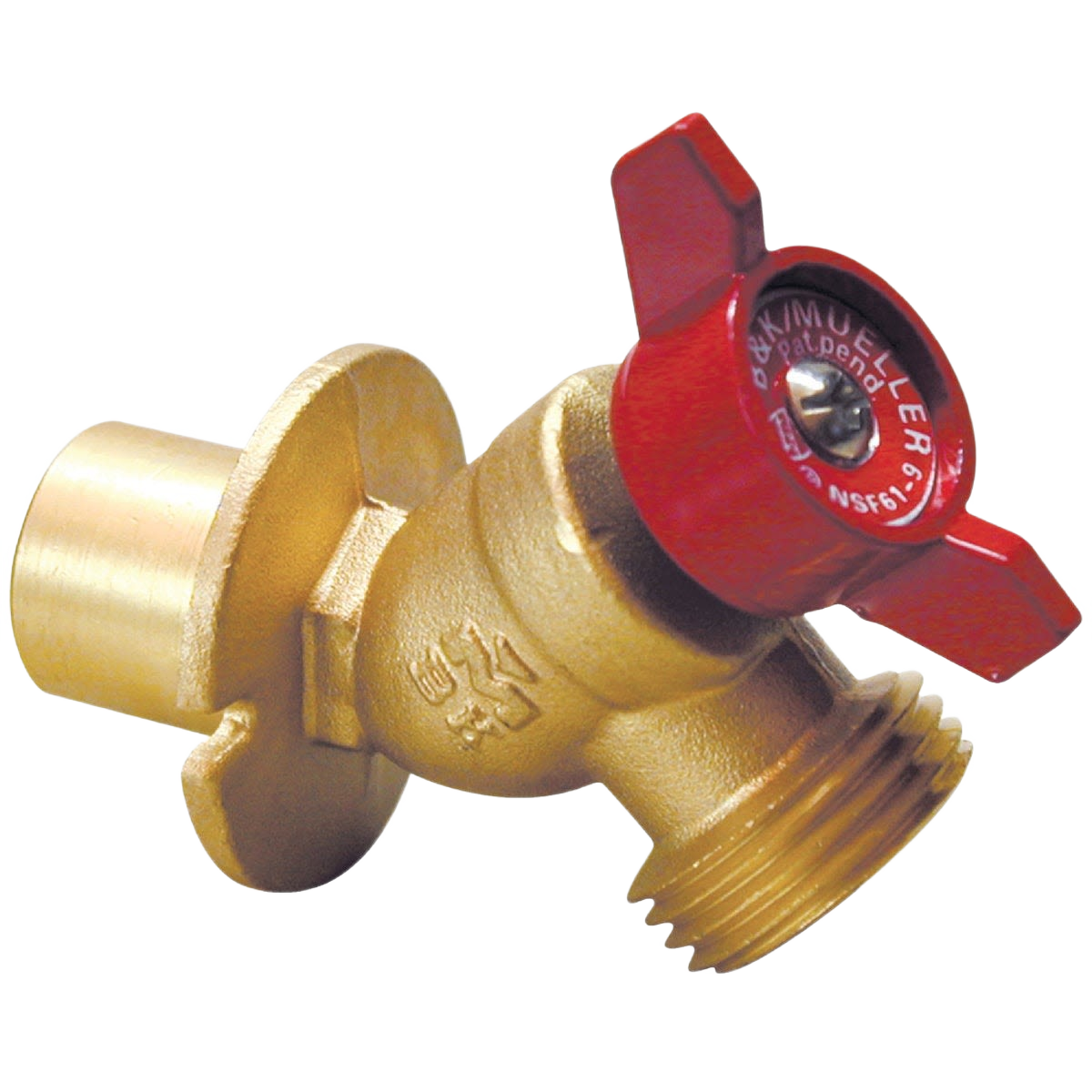 Brass sillcock valve with red wing handle for outdoor water control in tools and home improvement tasks