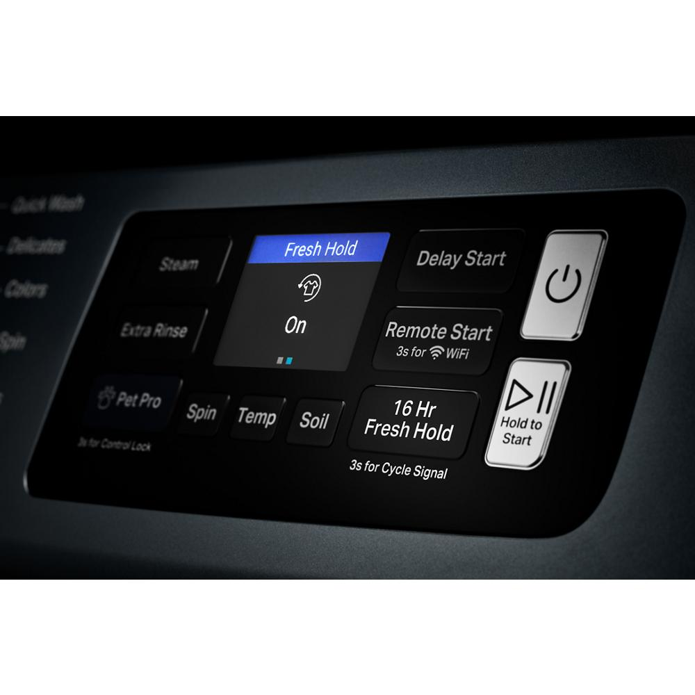 Digital control panel on dark front load washer featuring Fresh Hold, Remote Start, and Pet Pro options from washers collection