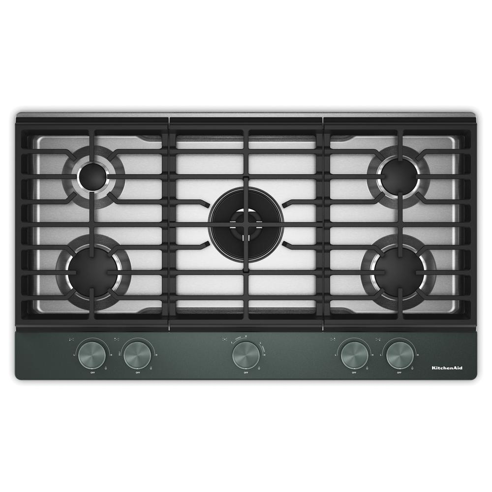 Top view of a KitchenAid 36-inch gas cooktop with five burners, integrated wok grate, and premium weighted knobs, part of Cooktops, Gas Cooktops, Kitchen & Kitchenware, All Products, KitchenAid, Appliances, and Ranges & Cooktops collections.