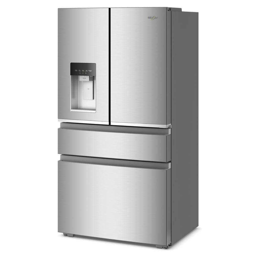 36-inch wide stainless steel Whirlpool 4-door French door refrigerator with in-door water dispenser and dual freezer drawers, part of Refrigerators and Kitchen & Kitchenware at Hartville Hardware.
