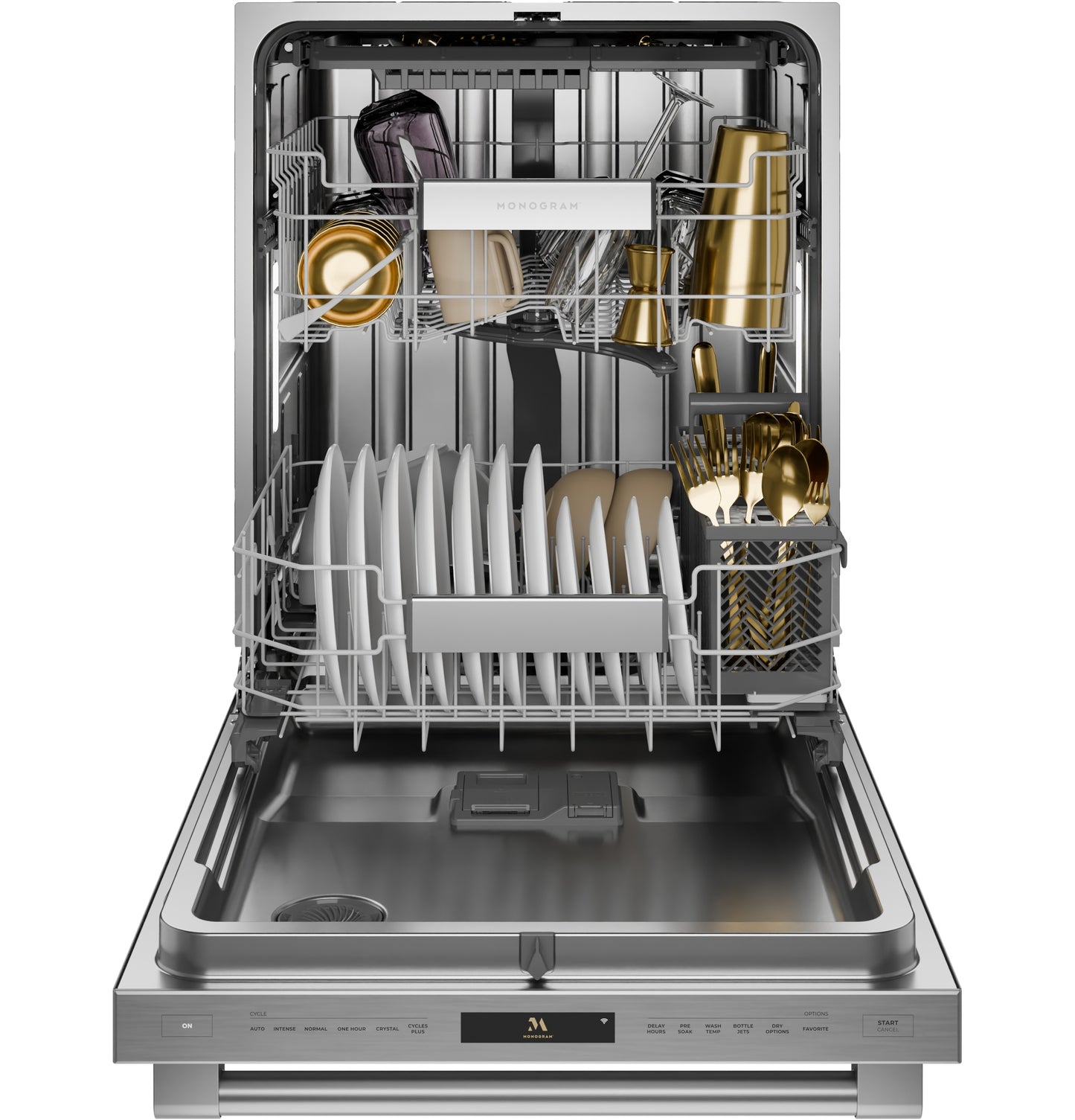 Open premium panel-ready dishwasher with stainless steel interior, adjustable racks, and gold-toned dinnerware in built-in dishwashers collection