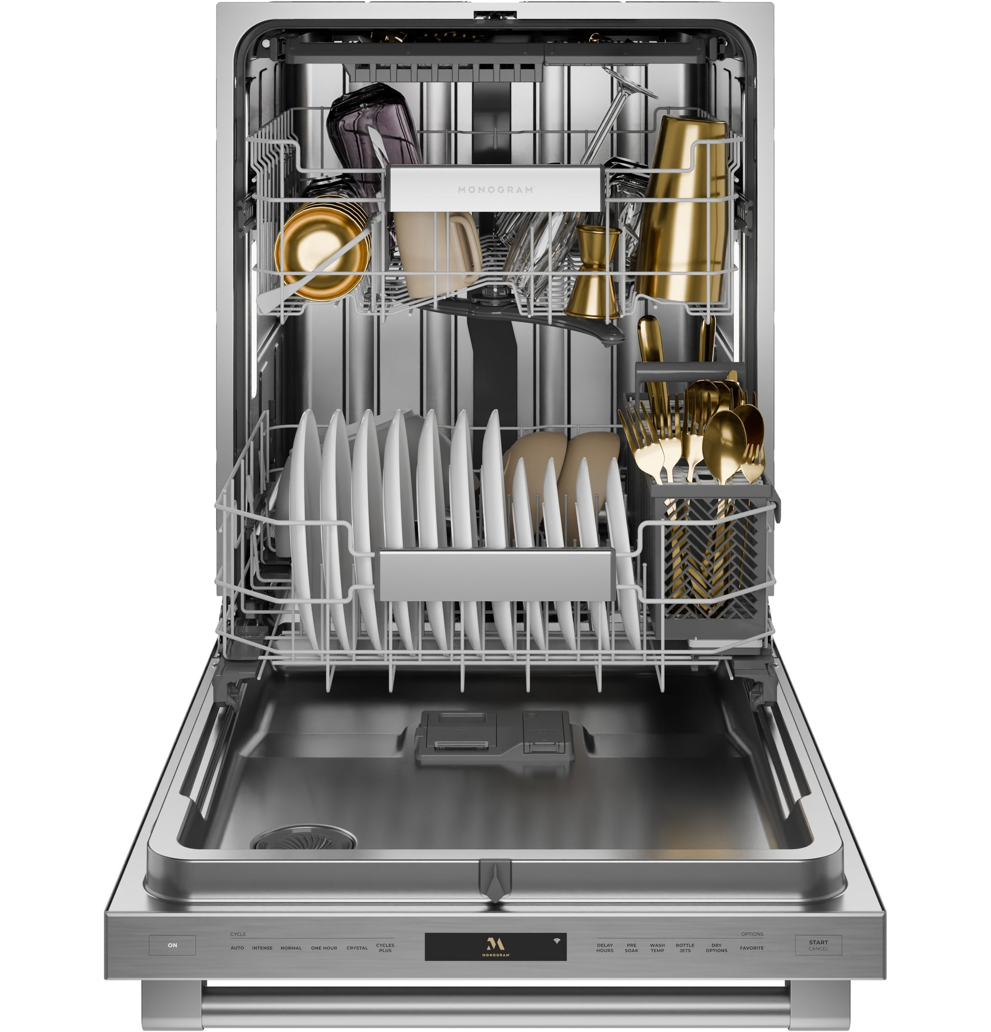 Open premium panel-ready dishwasher with stainless steel interior, adjustable racks, and gold-toned dinnerware in built-in dishwashers collection
