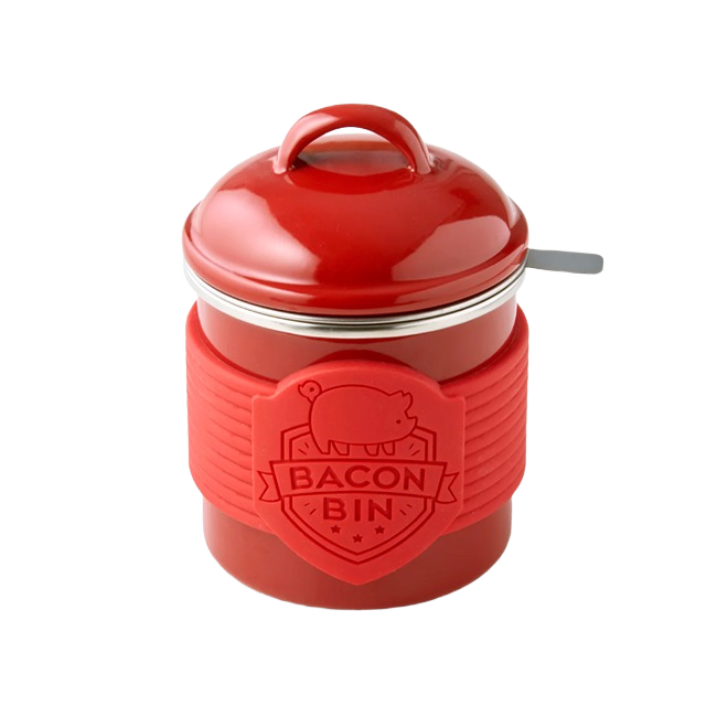 Red metal grease holder with lid and silicone grip band labeled bacon bin for kitchen gadget collections under $50