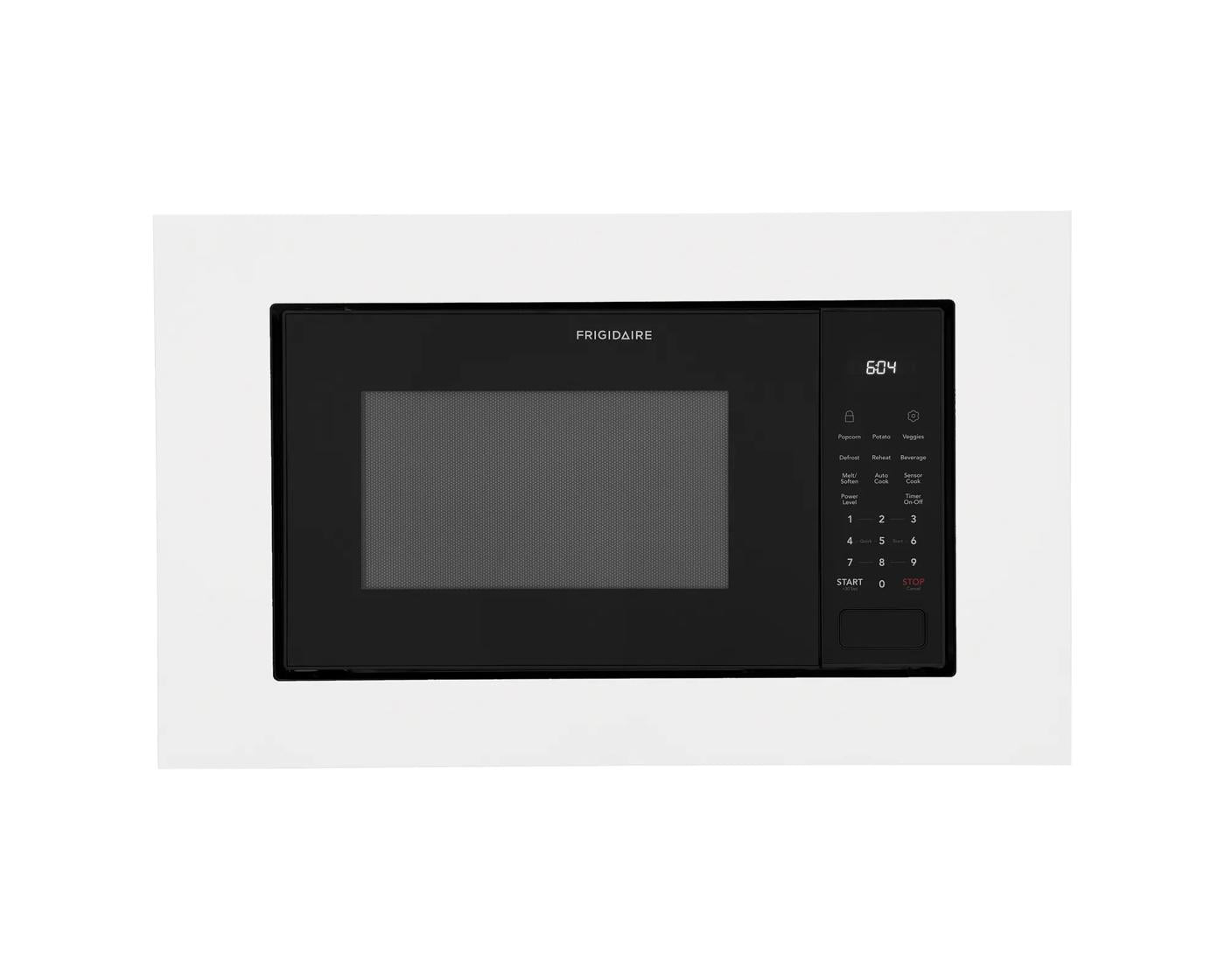 Built-in style microwave with digital display framed by a smooth white trim kit from kitchen appliances collection
