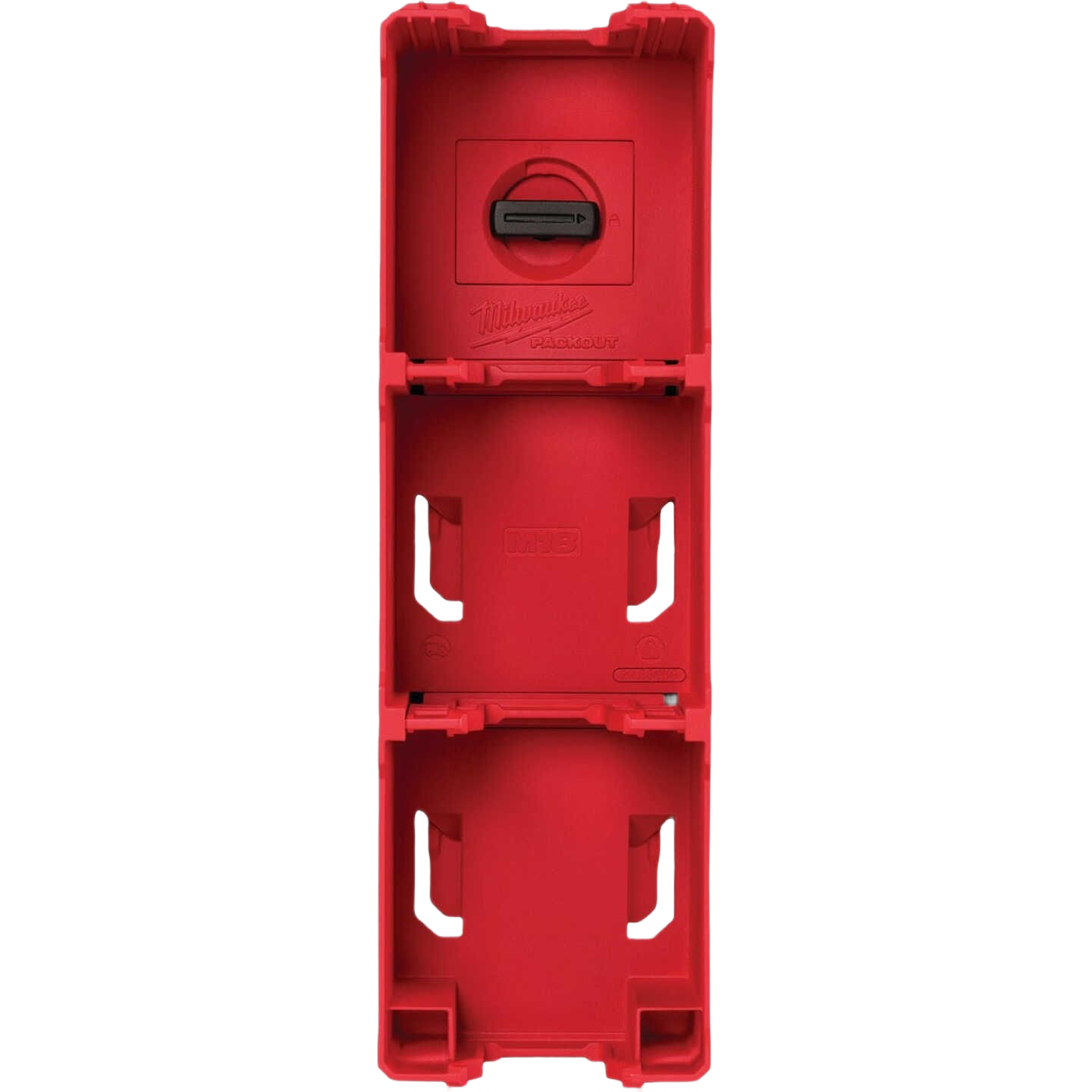 Red modular Milwaukee M18 battery rack for tool storage and organization in garage and workshop setups