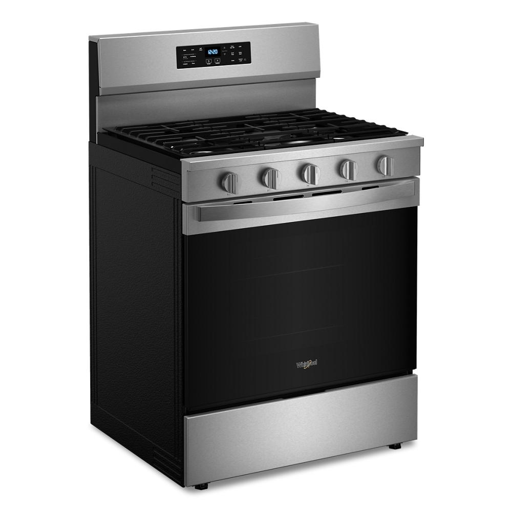 30-inch stainless steel gas range with digital control panel, four burner grates, and black oven door from Appliances collection