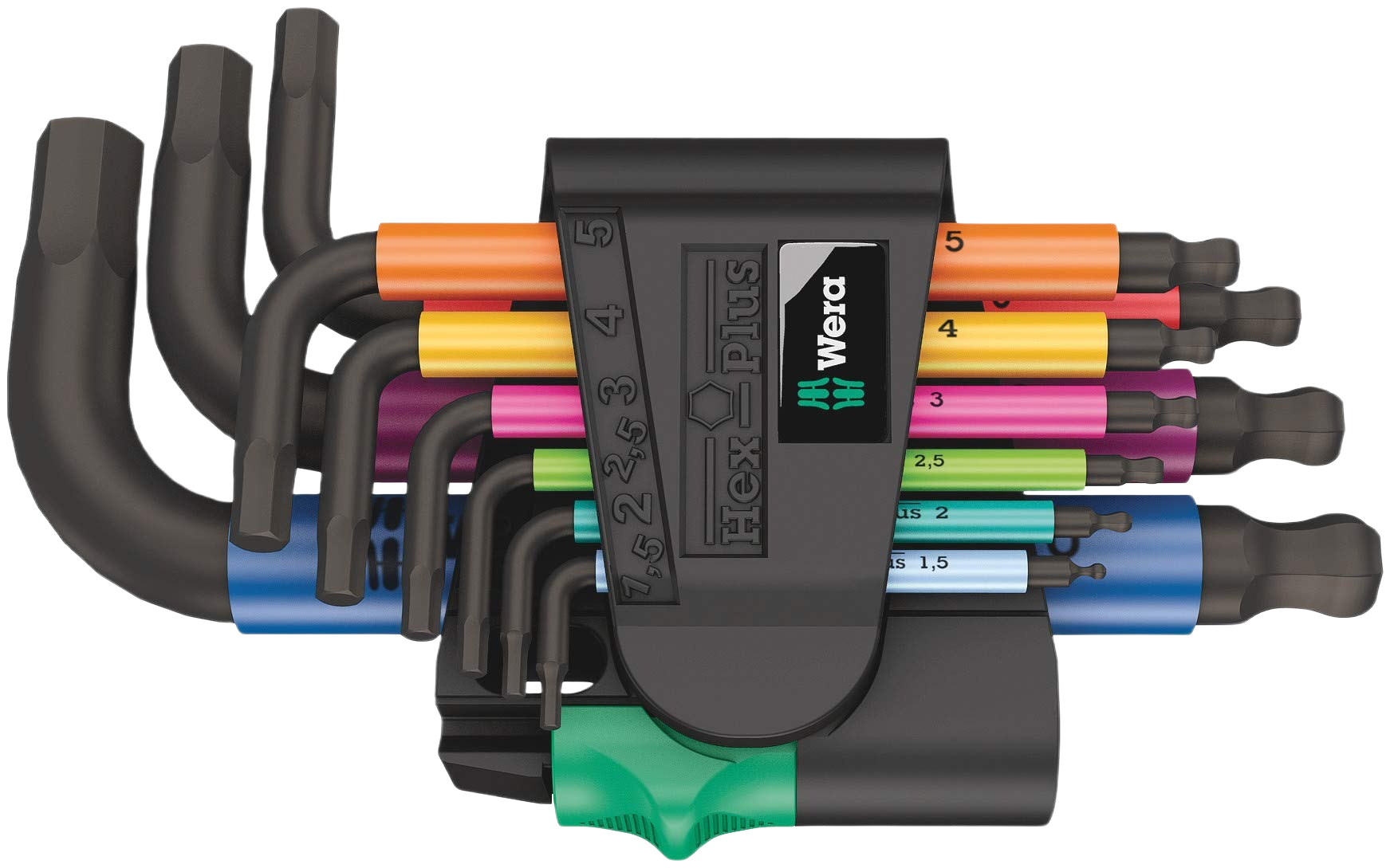 Multicolor metric L-key set with ergonomic handles in compact holder for tool accessories and home improvement use