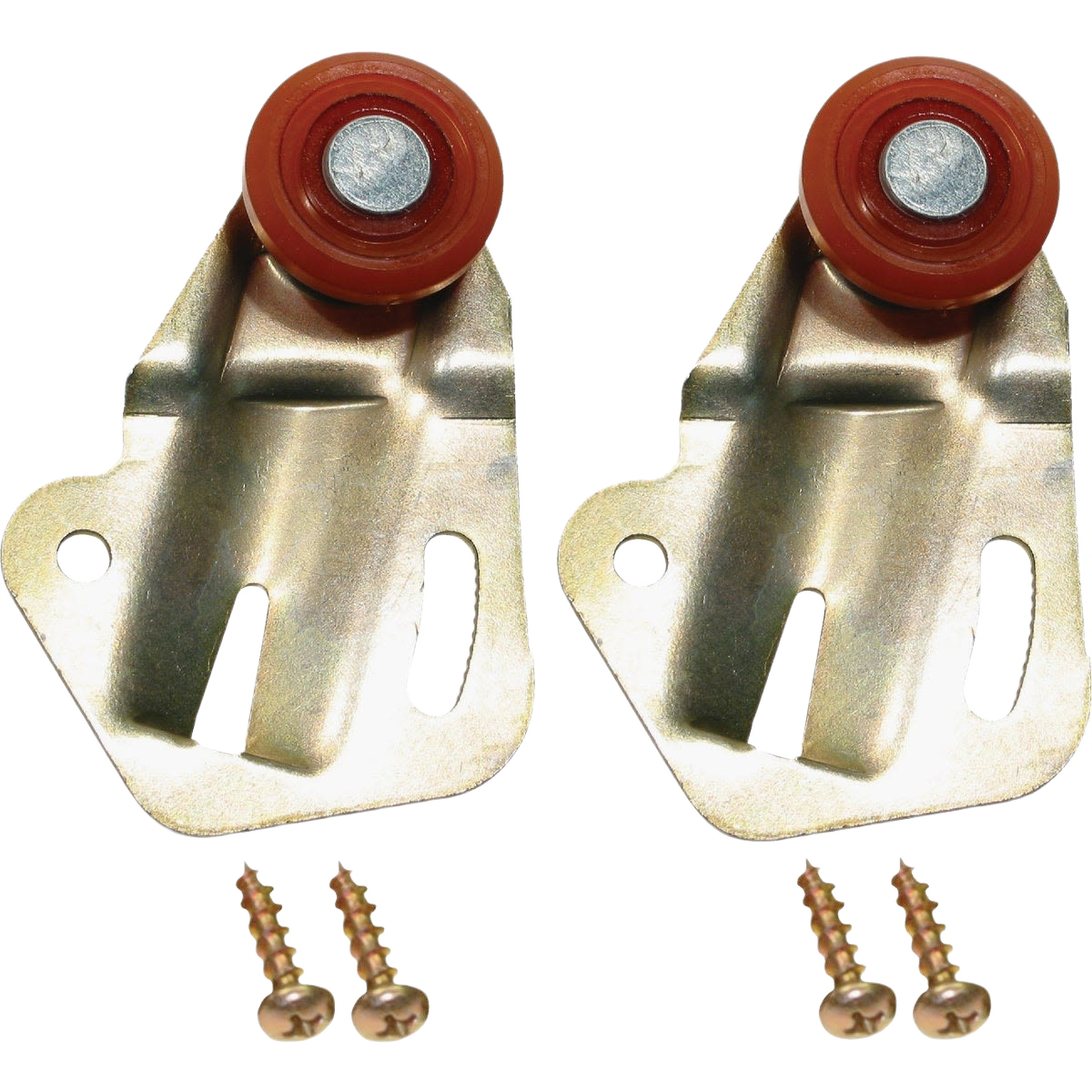 Pair of metal replacement hangers with red nylon rollers and mounting screws for door hardware and home improvement under $50