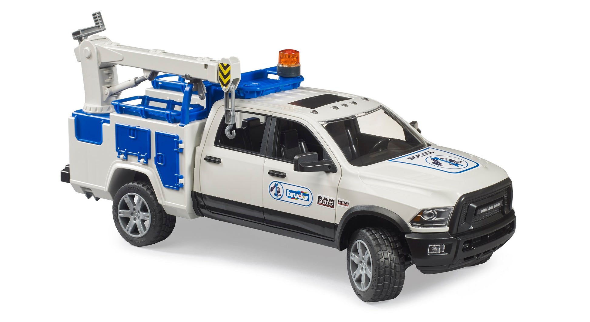 White and blue Bruder RAM service toy truck with detailed crane and rotating amber warning light for role play