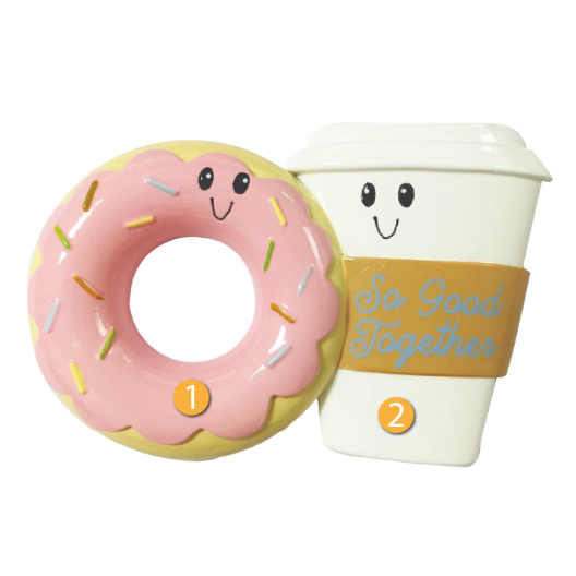 Cute ornament featuring a smiling pink sprinkled donut and white coffee cup with "So Good Together" sleeve for Christmas decor