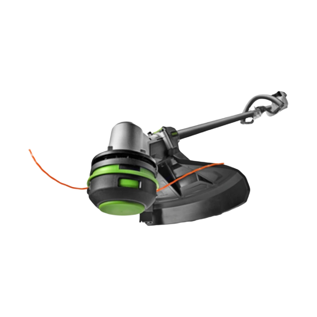 EGO string trimmer head with dual orange cutting lines and carbon fiber shaft for outdoor power equipment use