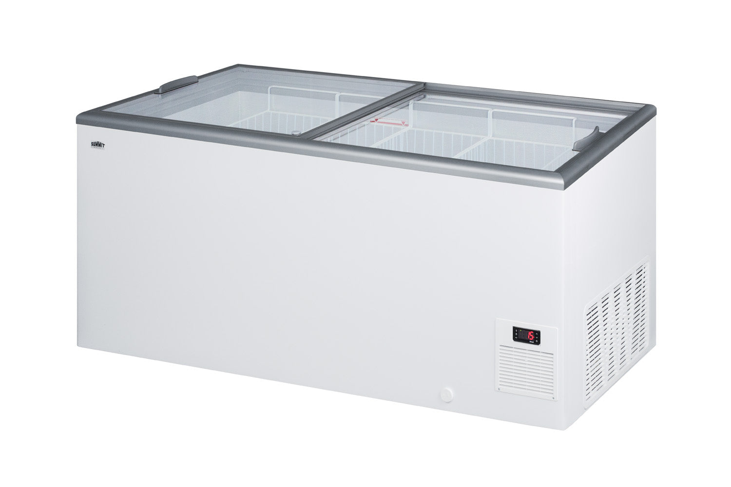 Large white commercial chest freezer with dual tempered glass lids and digital temperature display in freezers collection