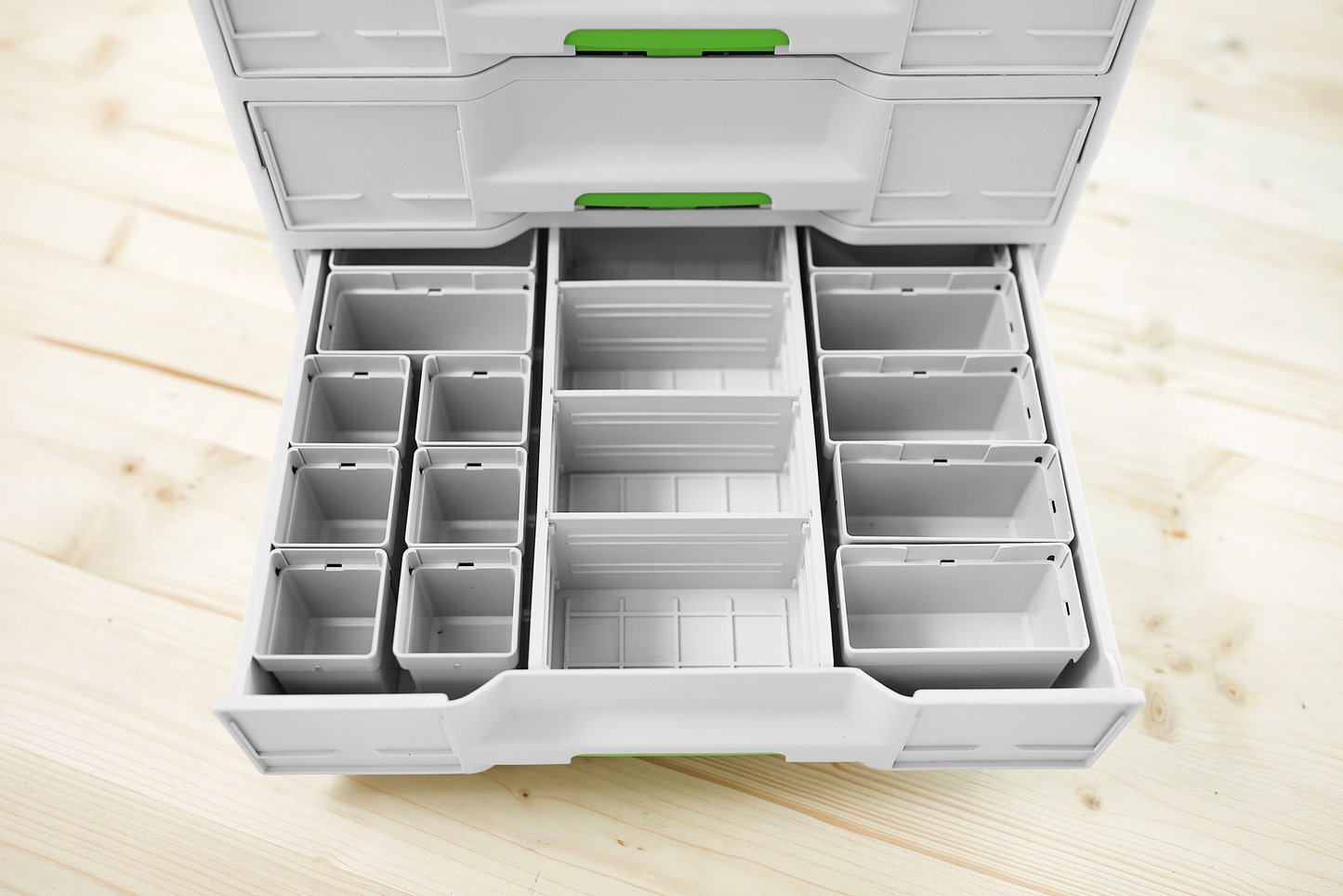 Gray plastic container set with multiple removable compartments for workshop tool storage and organization under $100