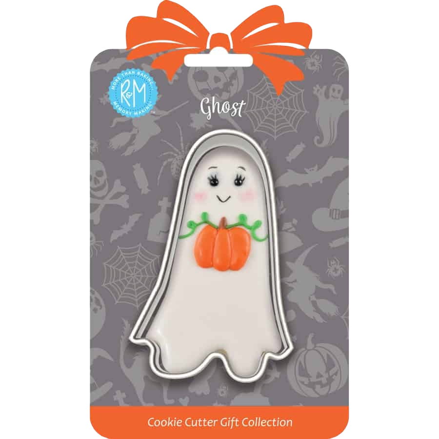 Metal ghost-shaped cookie cutter in packaging with Halloween-themed background from kitchenware and bakeware collection