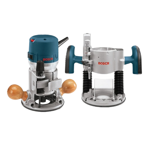 Bosch router with plunge and fixed-base attachments featuring wooden and rubberized handles for home improvement tasks
