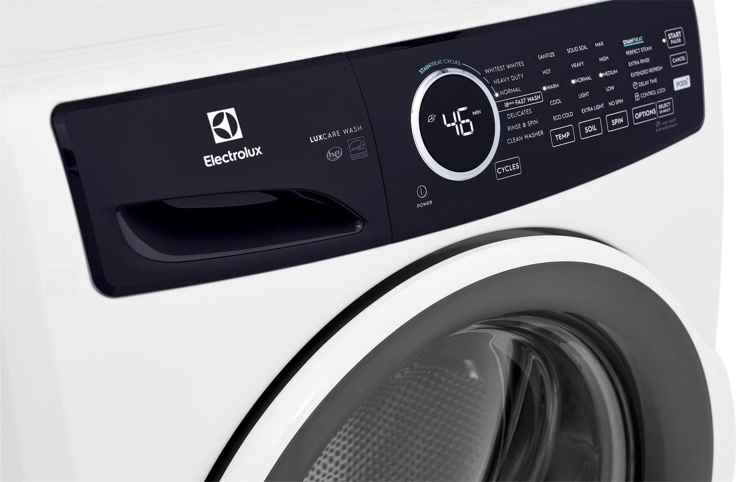 White front load washer control panel with digital timer and multiple wash cycle options from washers collection