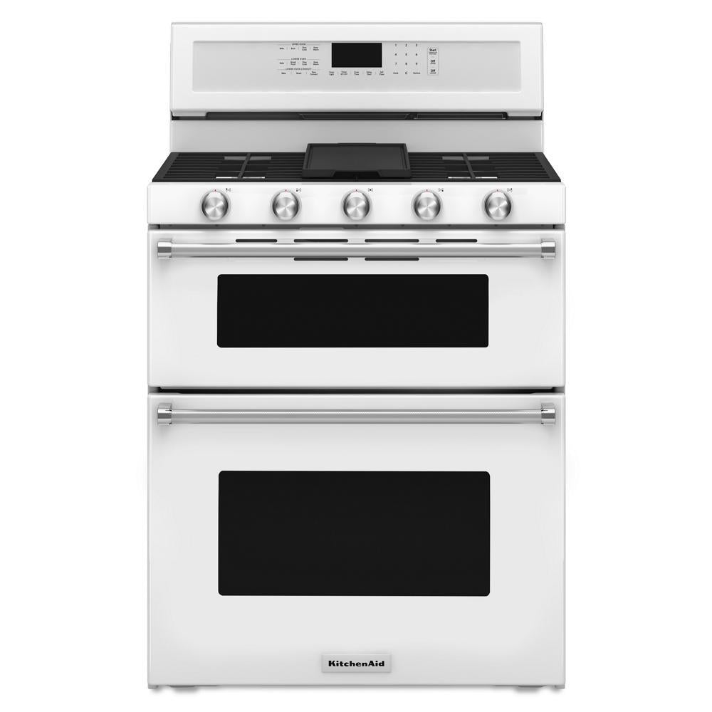 white 30-inch gas range with five burners and double ovens in KitchenAid appliances collection