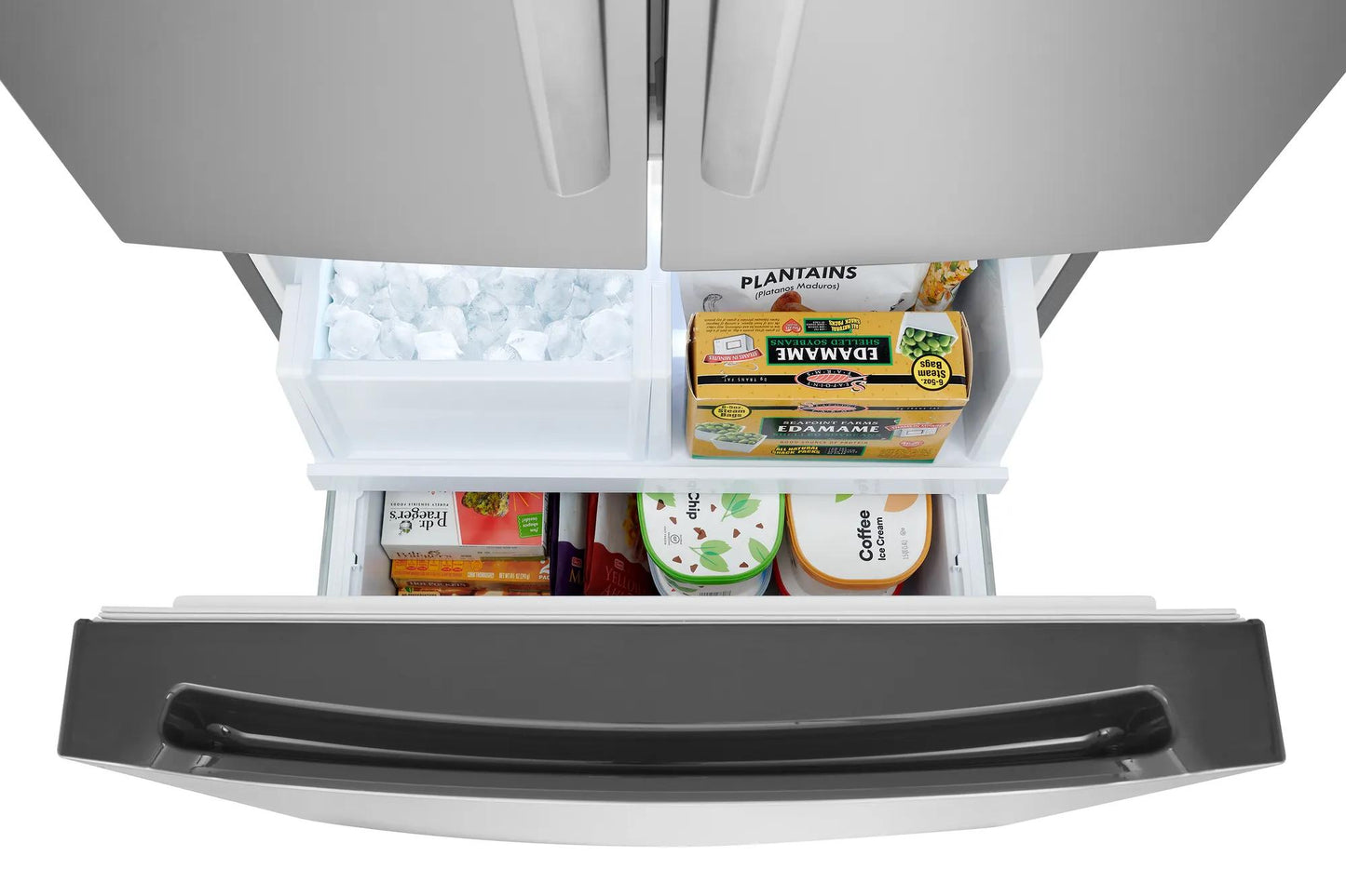 Open bottom freezer drawer of a standard-depth French door refrigerator with organized frozen foods and ice bin from appliances collection