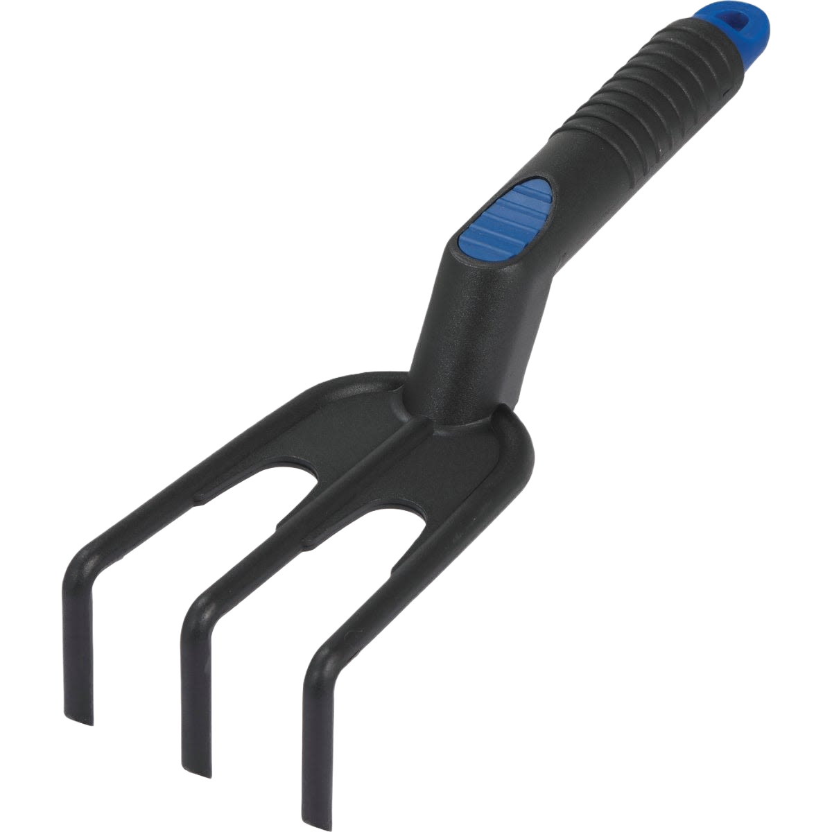 Black and blue hand cultivator with three metal tines and ergonomic grip for garden tools and home improvement use