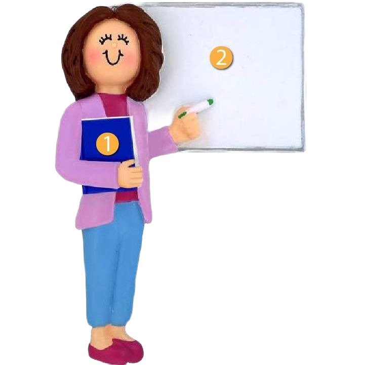 Personalized female teacher ornament in purple holding blue book and marker by whiteboard from Christmas Ornaments collection