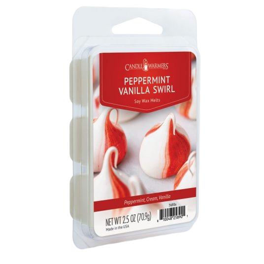 Pack of peppermint vanilla swirl scented soy wax melts in clamshell packaging for home fragrance use