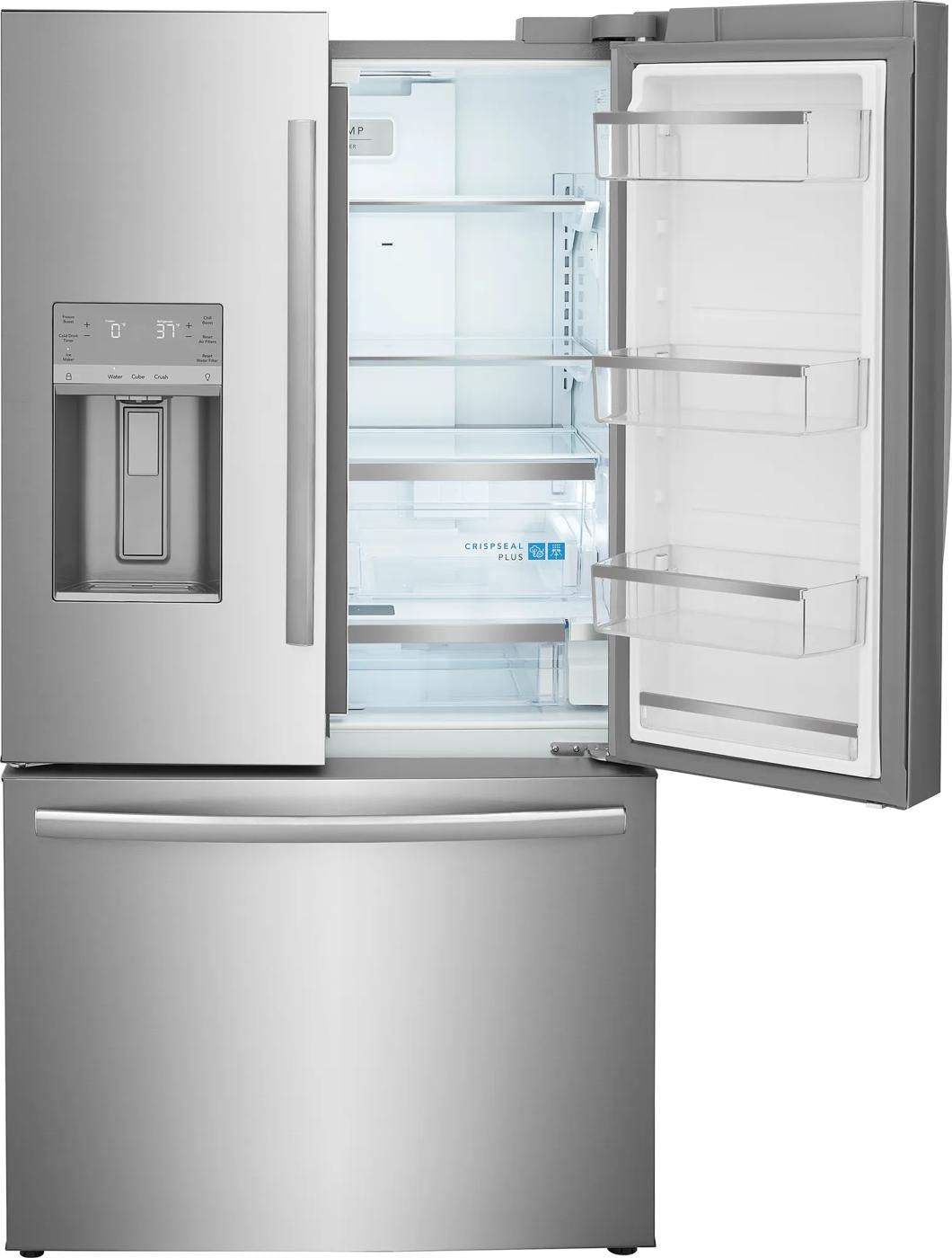 Stainless steel counter-depth French door refrigerator with ice and water dispenser and spacious interior shelves in kitchen appliances