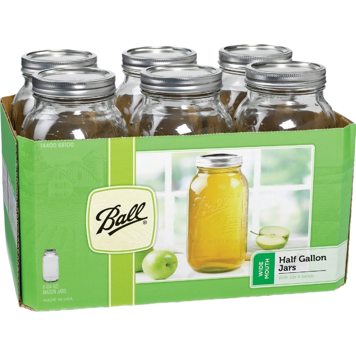 Set of six half-gallon wide mouth glass canning jars with metal lids ideal for preserving and home storage tasks