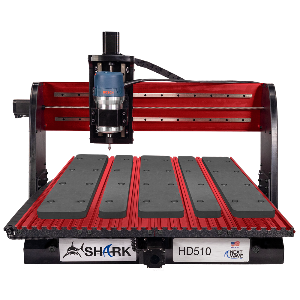 CNC machine spoil board with gray slats and red base designed for precision tools and home improvement projects