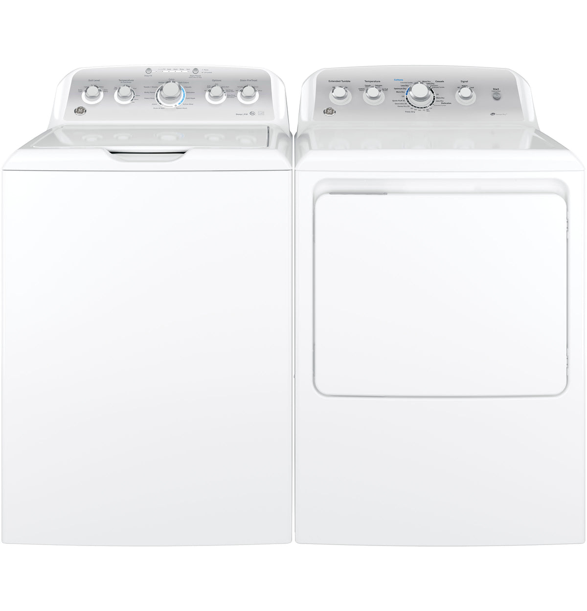 White laundry pair with top-load washer and electric dryer featuring durable drum from Dryers and Appliances collection
