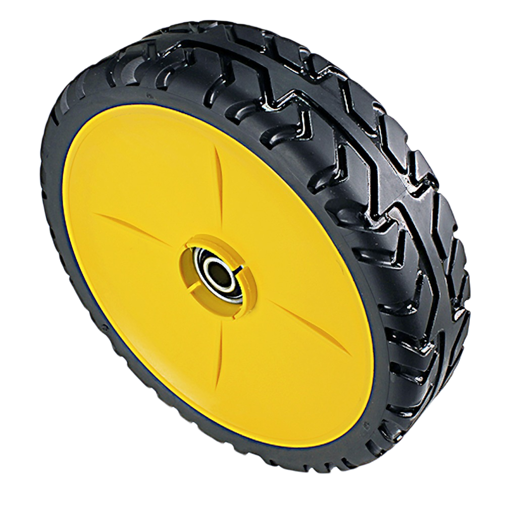 Black treaded rubber tire with yellow plastic wheel hub and central bearing for equipment and home improvement tasks