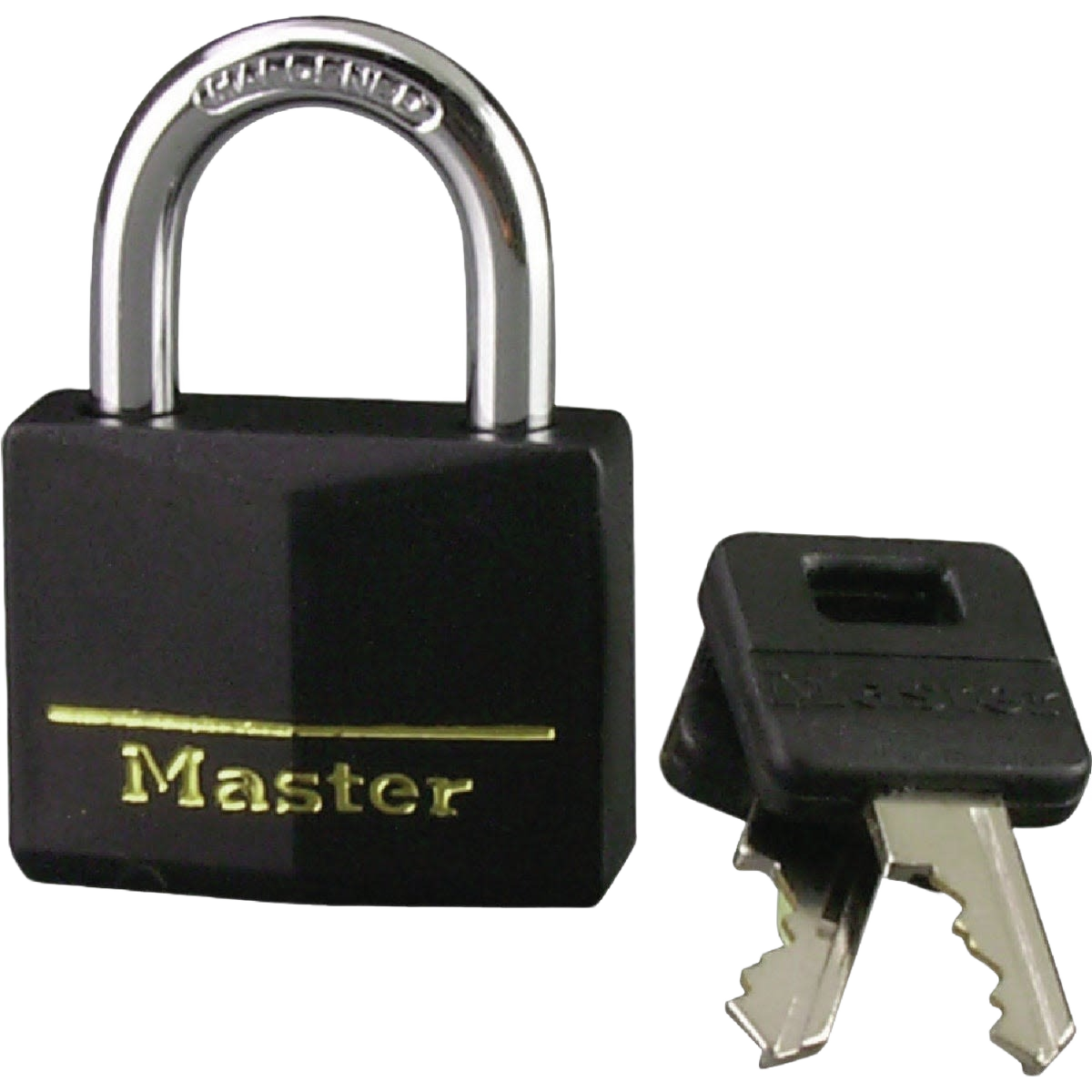 Black vinyl-covered padlock with chrome shackle and two keys ideal for hardware and home improvement tools collection