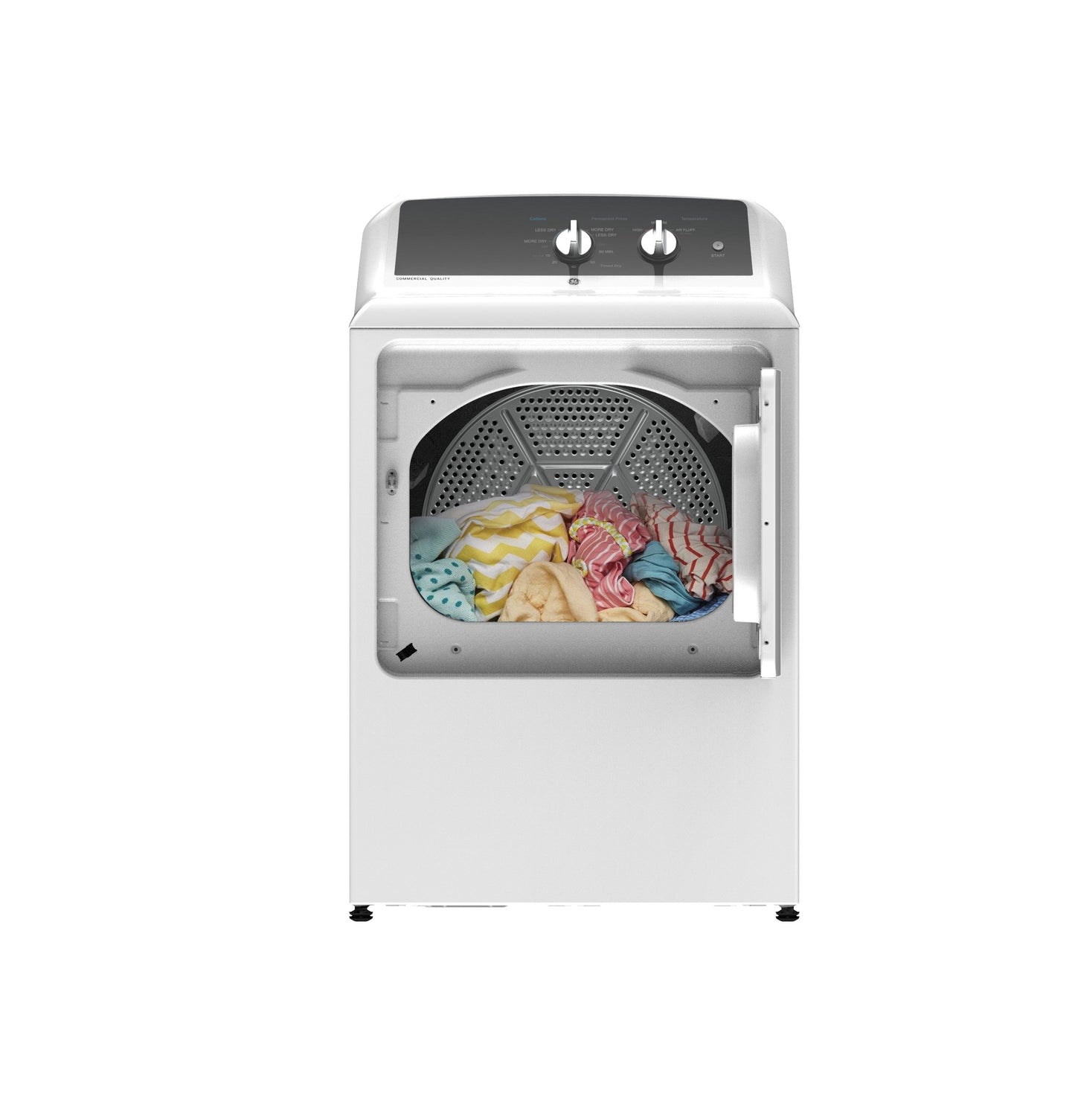 Front view of white gas dryer with open door showing colorful laundry inside in appliances collection