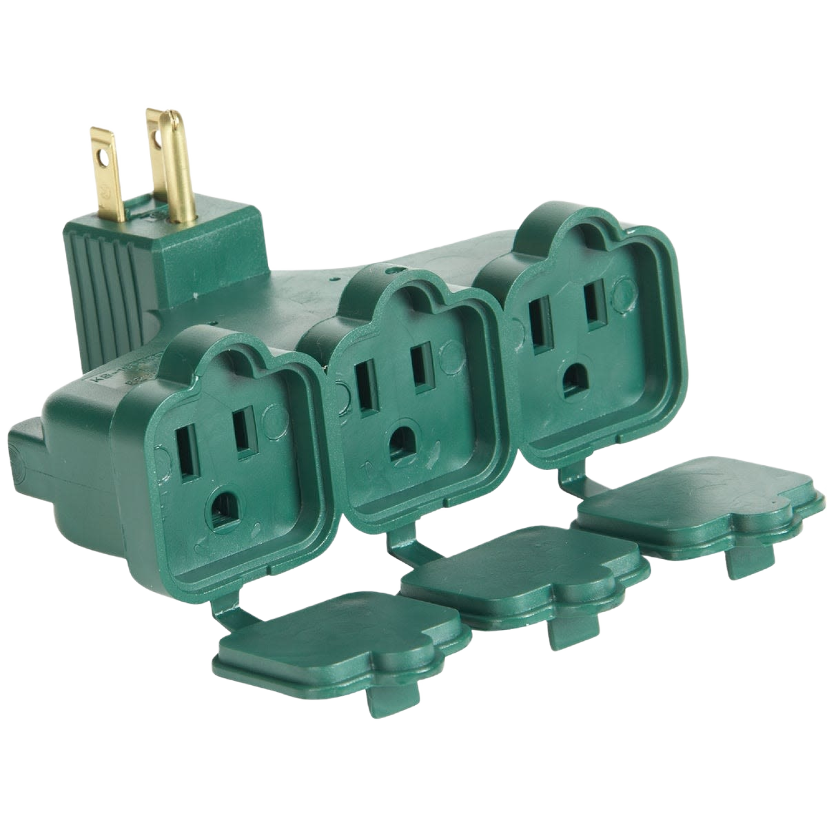 Green three-outlet tap with rain-tight covers, suitable for electrical and home improvement under $50 collections