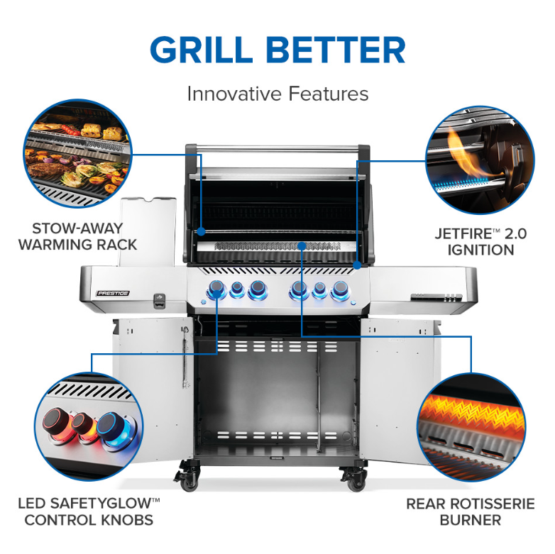 Stainless steel natural gas grill highlighting LED-lit control knobs, rear rotisserie burner, Jetfire ignition, and stow-away warming rack for outdoor cooking.
