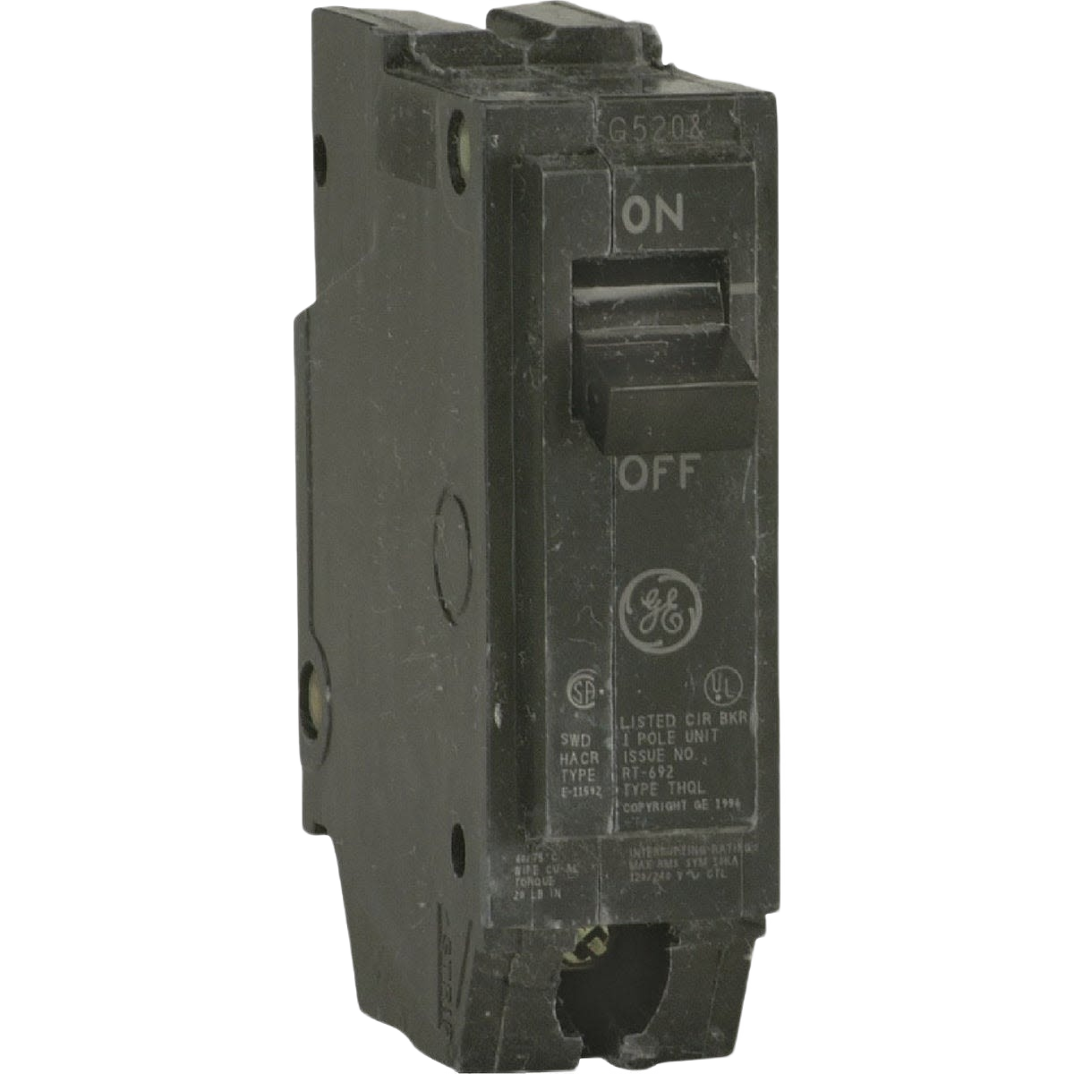 Black single-pole circuit breaker switch with on/off toggle and GE logo for home electrical safety and tools use