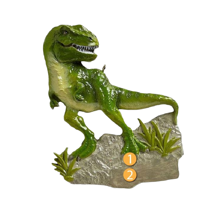 Green T-Rex dinosaur ornament standing on textured base with foliage for Christmas Ornaments & Tree Decorations under $50 collection