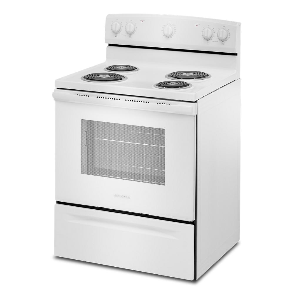 White electric coil range with four burners and large oven window, ideal for kitchenware, electric ranges, appliances, and home improvement collections.