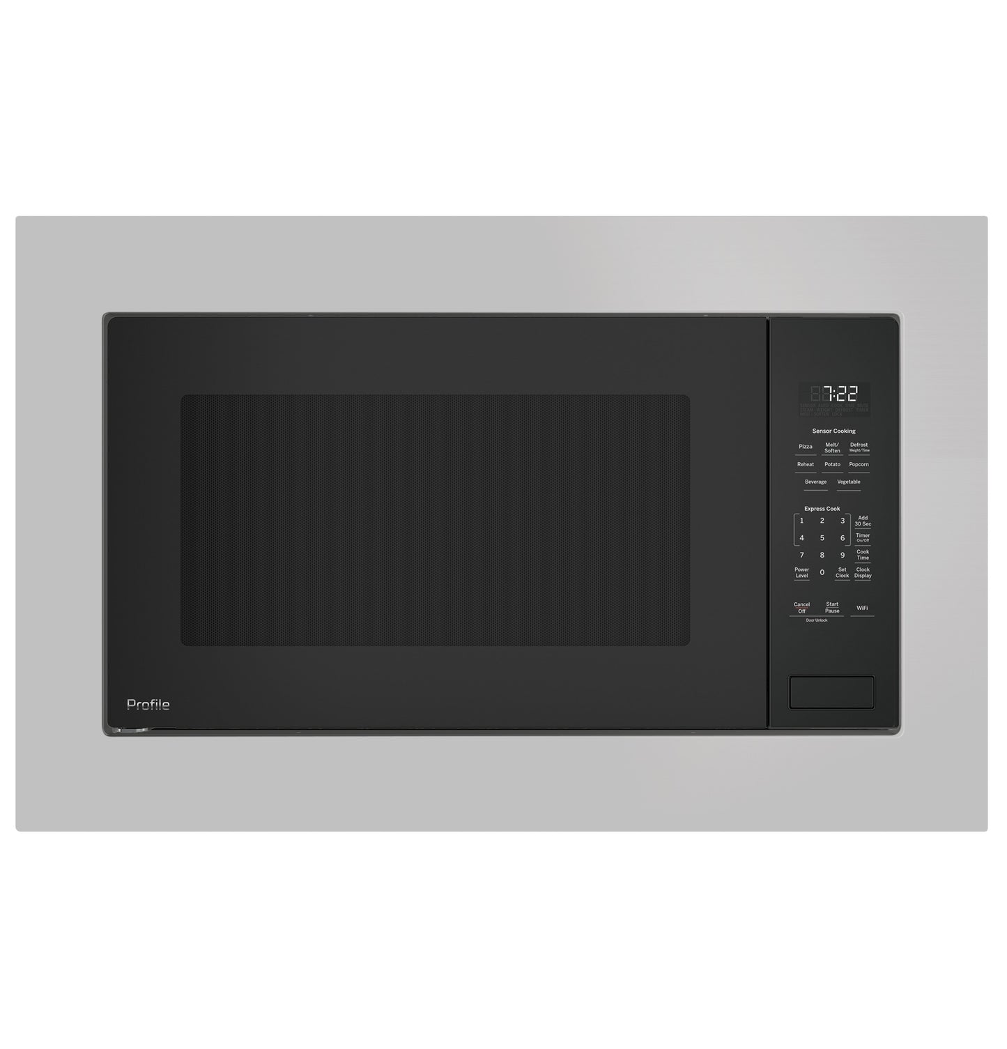 Built-in black microwave oven with digital sensor control panel in modern kitchen appliance collection