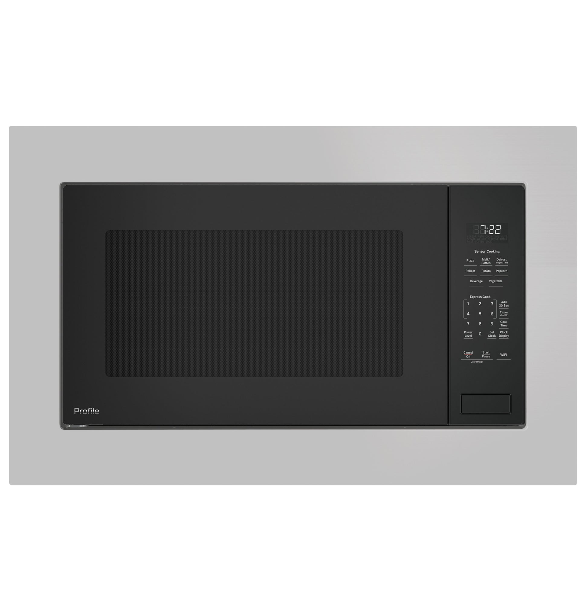 Built-in black microwave oven with digital sensor control panel in modern kitchen appliance collection