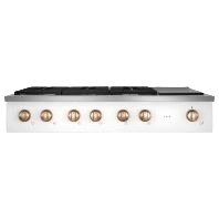 Front view of stainless steel commercial-style gas rangetop with six burners and integrated griddle from Cooktops collection