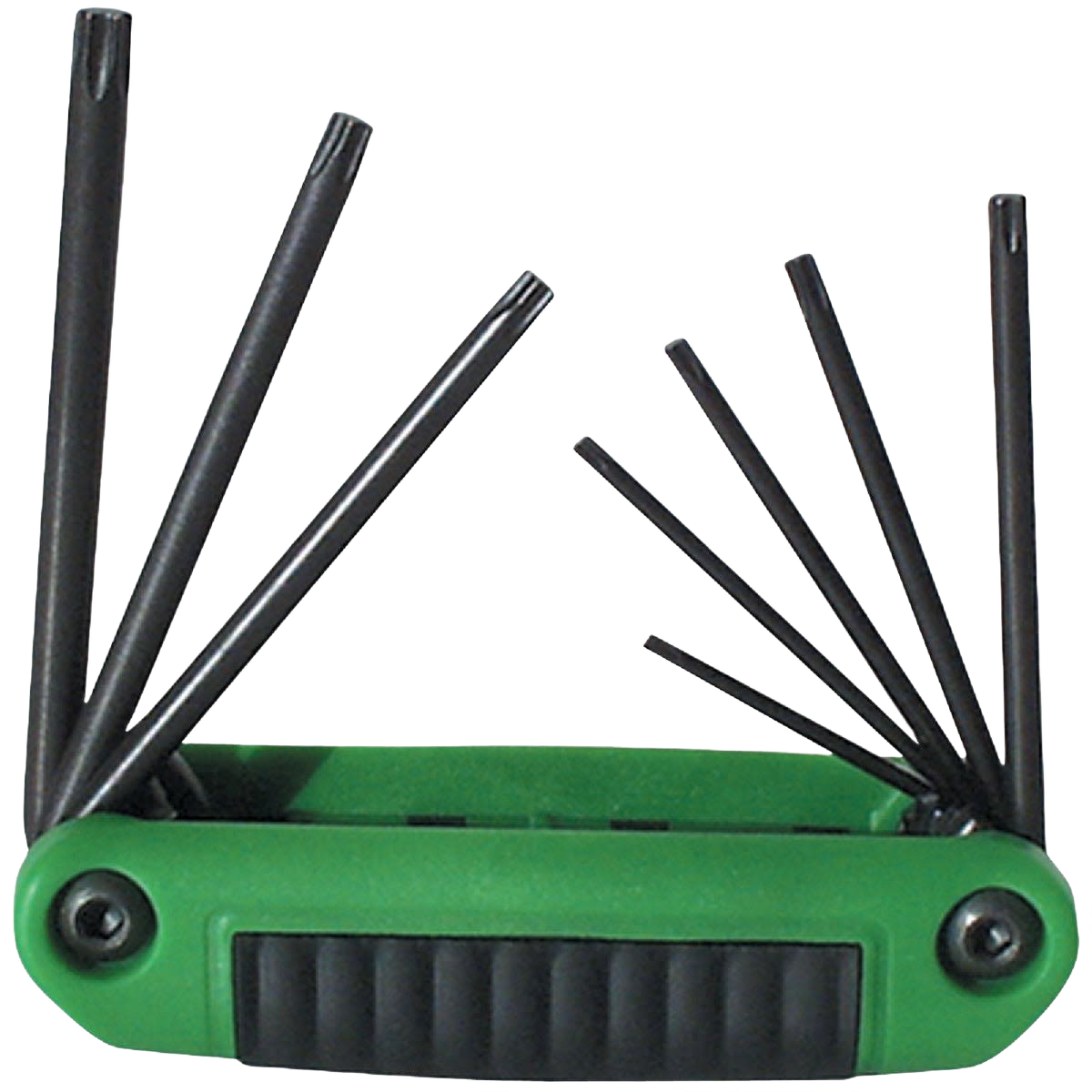 Green-handled folding Torx key set with black ergonomic grips for use in home improvement projects