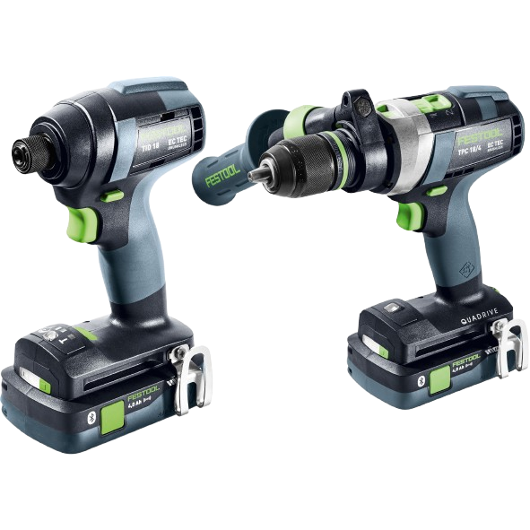 Set of cordless impact driver and hammer drill with ergonomic grips and battery packs for tools and home improvement.